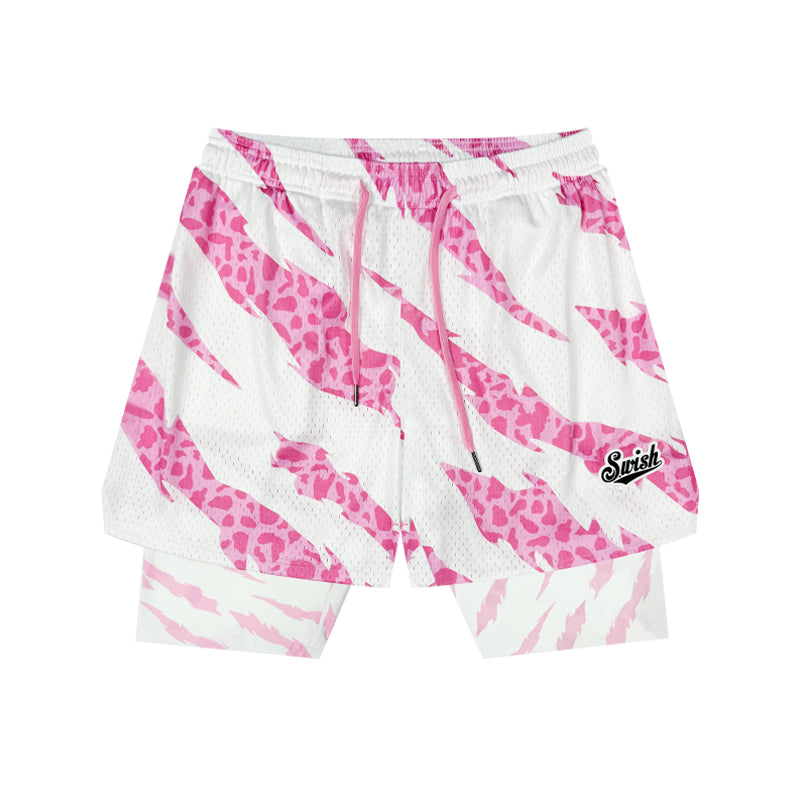 SWISH - STBI 2-in-1 Leopard Sports Shorts – Quick-Dry × Matching Compression × Basketball Fit