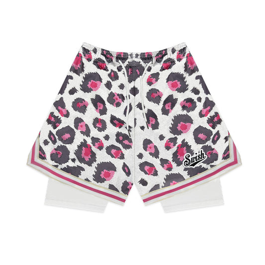 SWISH - STBI 2-in-1 Leopard Mesh Shorts – Pink Camo × Compression Inner × Quick-Dry Fit